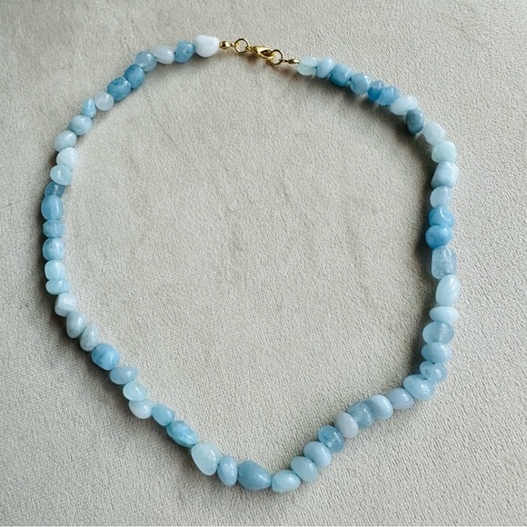 Aquamarine Beaded Necklace 14k Gold Plated Chain 18 Inch - Picture 1 of 17